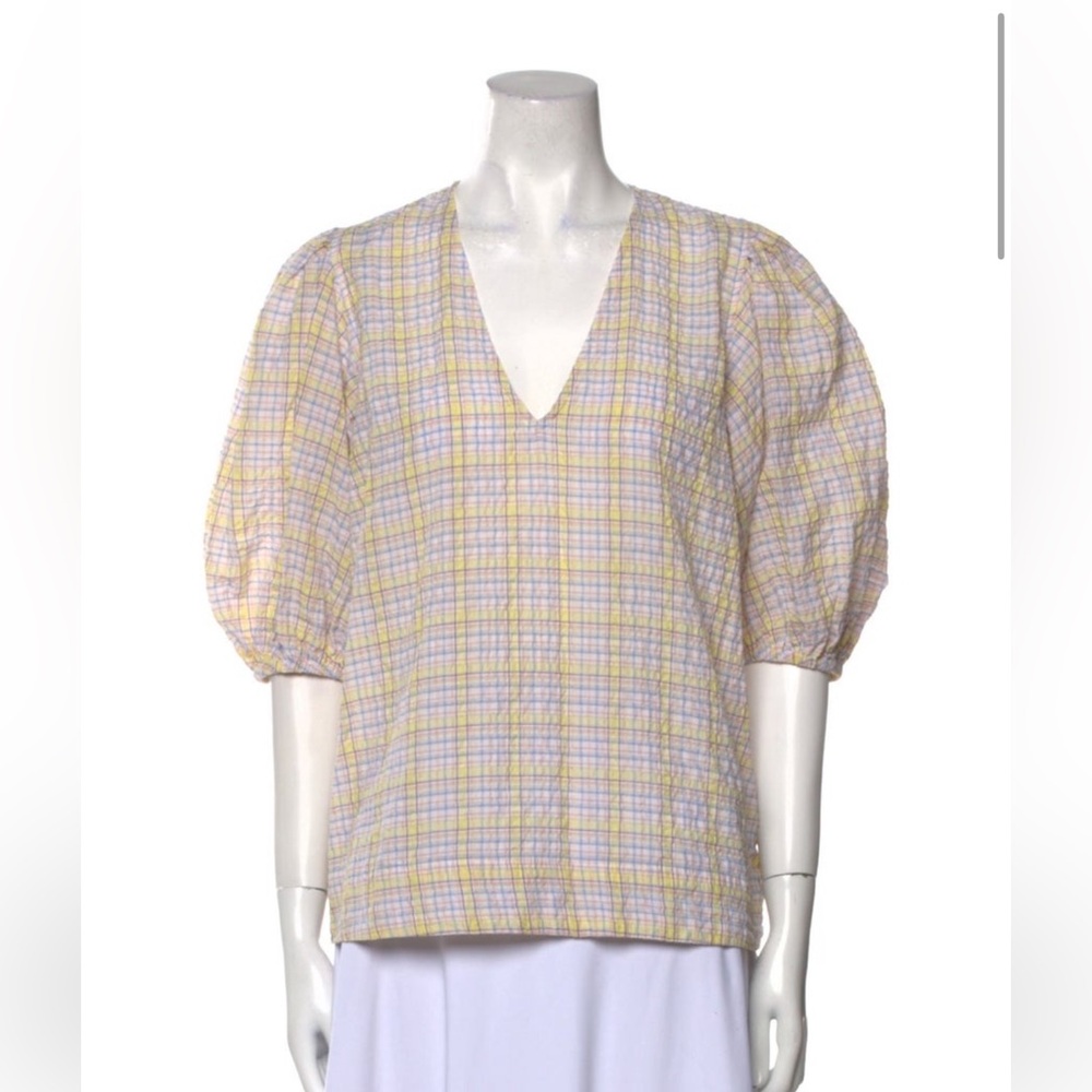 Ganni Seersucker Plaid Puff Sleeve Top, purple yellow, cotton
